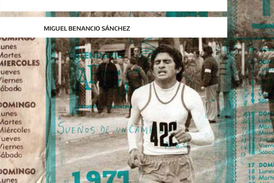 la tapa muestra el título del libro "sueños de un campeón", el nombre del autor: miguel benancio sánchez, y muestra la imagen de cuerpo completo del atleta y autor corriendo, con una expresión de esfuerzo en el rostro y una camiseta con el número 422 en el pecho.